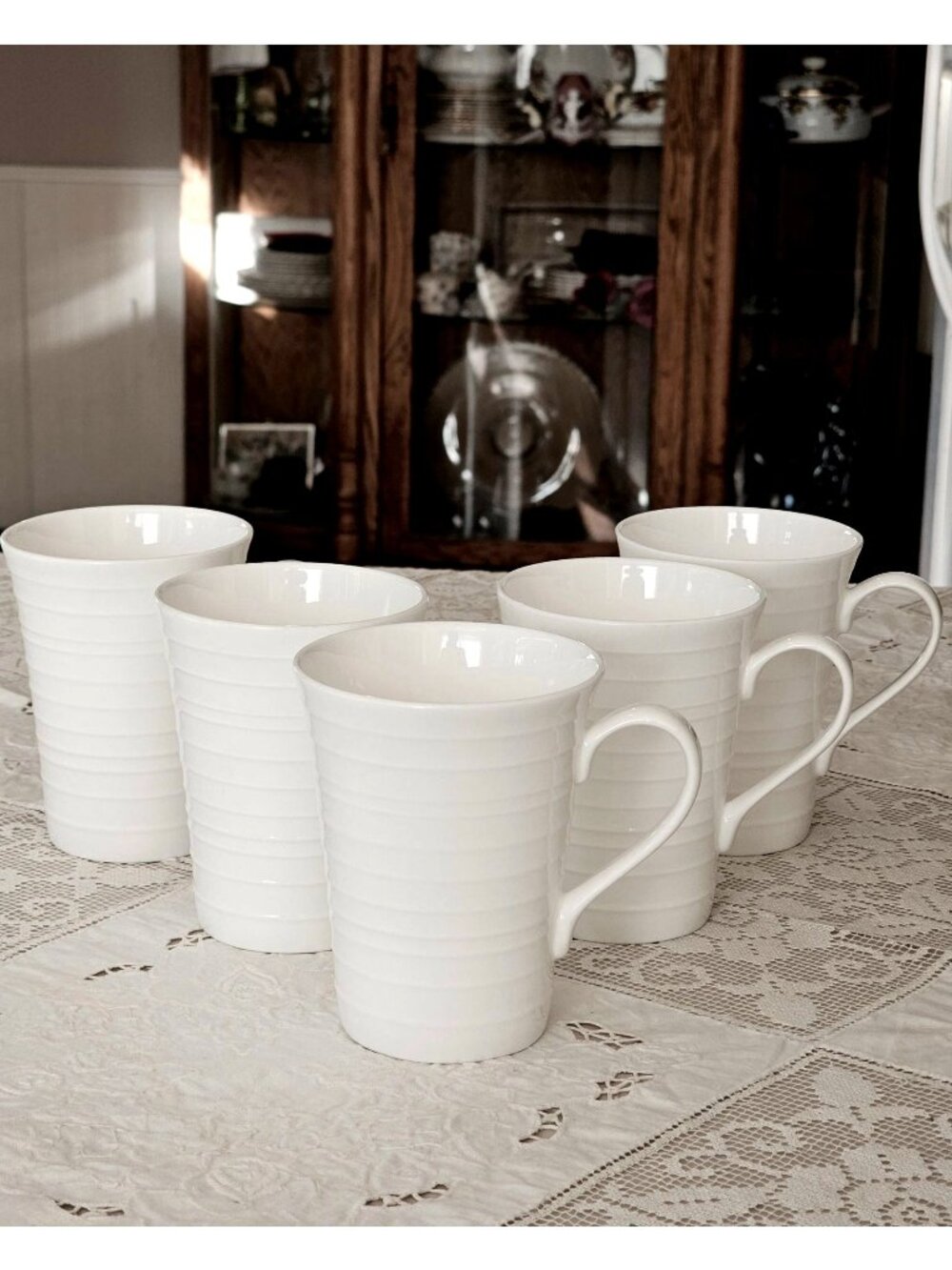 5 Mikasa Swirl Coffee Mugs 12oz White Bone China Ribbed Cups dishwasher safe